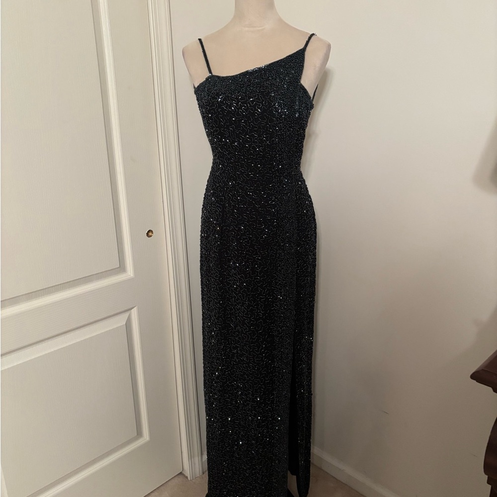 Elegant Beaded Midnight Blue Evening Gown with long Front Slit Silk Lined